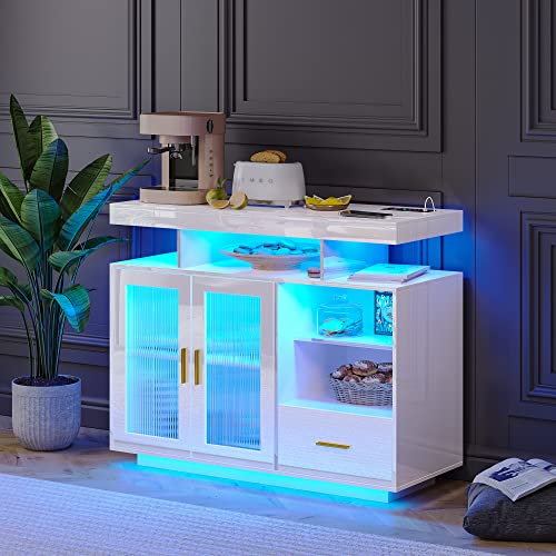 WOOVIVS 39.4" Modern LED Sideboard Buffet Cabinet with Charging Station, High Glossy Cupboard with Body Sensor Light, Coffee Bar Cabinet with Acrylic Panel for Living Room, Kitchen (White)