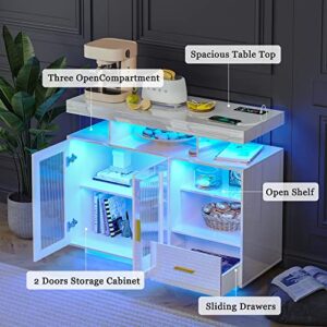 WOOVIVS 39.4" Modern LED Sideboard Buffet Cabinet with Charging Station, High Glossy Cupboard with Body Sensor Light, Coffee Bar Cabinet with Acrylic Panel for Living Room, Kitchen (White)