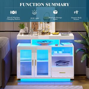 WOOVIVS 39.4" Modern LED Sideboard Buffet Cabinet with Charging Station, High Glossy Cupboard with Body Sensor Light, Coffee Bar Cabinet with Acrylic Panel for Living Room, Kitchen (White)