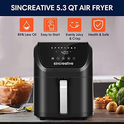 Air Fryer 5.3 QT, 8-in-1 Compact Hot Air Fryers, Electric Oilless Small Airfryer with Digital LCD Touch Screen, Non-Stick Basket, Recipe Book and Disposable Paper Liners, Gift for Mom Women Wife