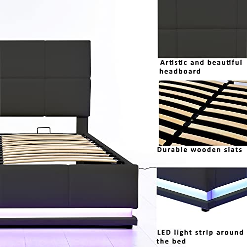 Modern Upholstered Bed Frame with LED Lights and USB Charger, Faux Leather Platform Bed Frame with Hydraulic Storage System, for Kids Teens Adults (Black, Queen)