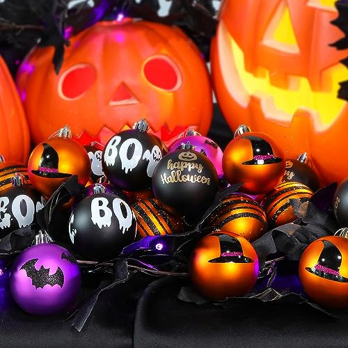 SHareconn 30ct 2.36 Inch Halloween Tree Ornaments, Colored Shatterproof Plastic Decorations Balls Baubles for Halloween Christmas Party Haunted House Decoration (Black & Orange Purple, 6cm)