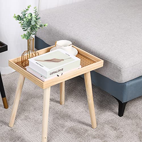 XOXNEUN Rattan Side Table,Rectangle Nightstand,Boho Side Table,Small Sofa Table for Living Room Bedroom Small Spaces. (Burlywood)