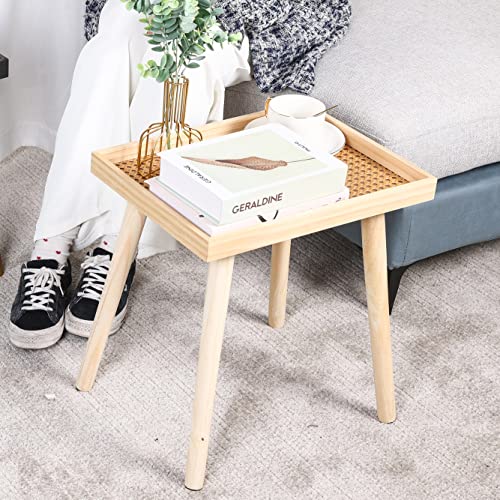 XOXNEUN Rattan Side Table,Rectangle Nightstand,Boho Side Table,Small Sofa Table for Living Room Bedroom Small Spaces. (Burlywood)