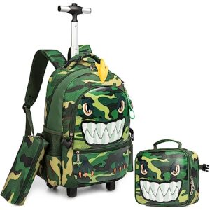 Egchescebo Kids Shark Rolling Backpack for Boys Suitcases Trolley Backpacks with Wheels Roller Luggage Backpacks Wheels with Lunch Box Pencil Case for Elementary Boys Travel School Bag Green