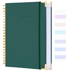 spiral notebook, college ruled notebook, 8.5" x 11", 300 pages hardcover leather notebook journal for women men, a4 large lined journal notebooks for work school, 24pcs index tabs, green