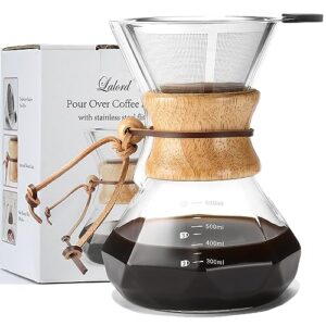 lalord pour over coffee maker with reusable stainless steel filter, 20 oz borosilicate glass coffee carafe, wooden collar, coffee dripper brewer, hold 3 cups, 600ml