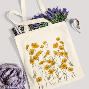 AUSVKAI Canvas Tote Bag Aesthetic for Women, Cute Yellow Flower Reusable Cloth Cotton Bags for Shopping School Beach Trendy Gifts