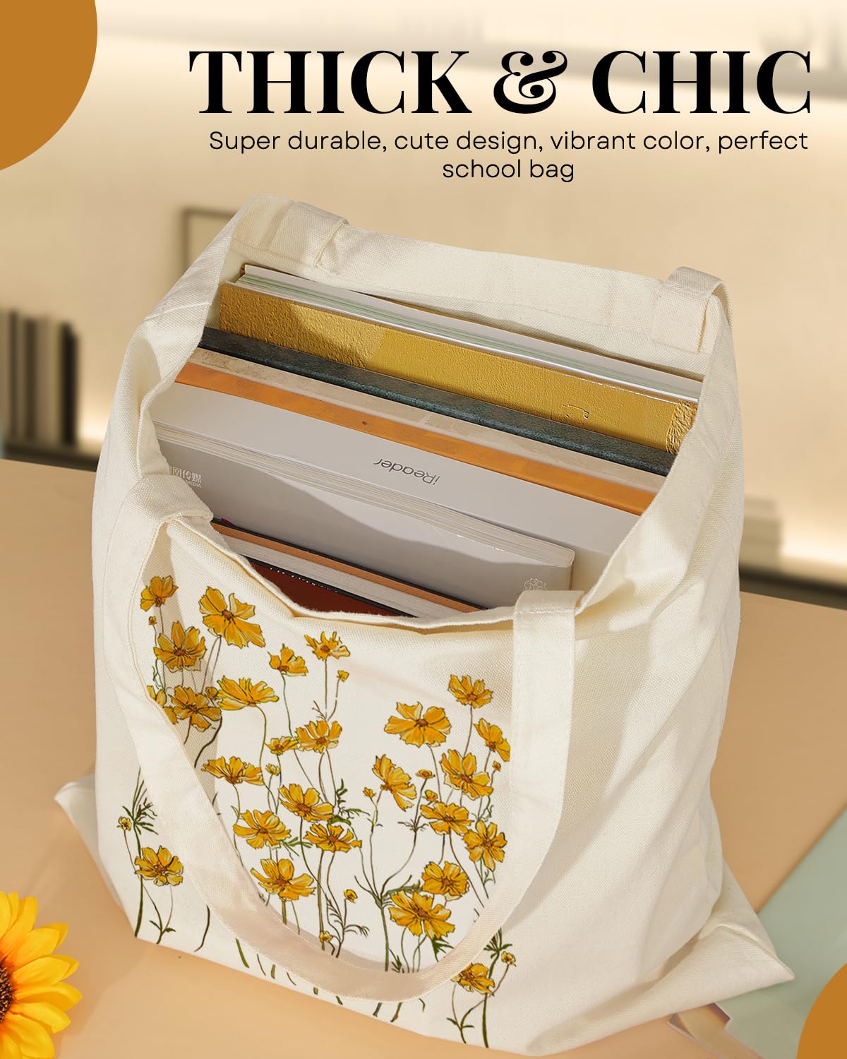 AUSVKAI Canvas Tote Bag Aesthetic for Women, Cute Yellow Flower Reusable Cloth Cotton Bags for Shopping School Beach Trendy Gifts