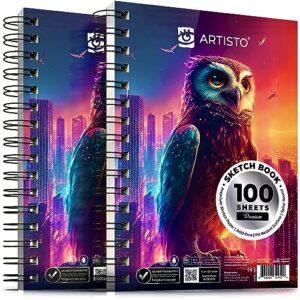 artisto 5.5x8.5” premium sketch book set, pack of 2 (200 sheets), 68lb (100g/m2), spiral bound, acid-free drawing paper, perfect for most dry media