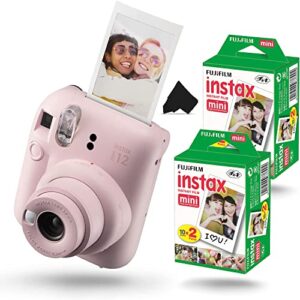 fujifilm instax mini 12 instant camera, blossom pink camera with 40 photo sheets, cleaning cloth, and instax app, portable, easy to use, automatic settings, front mirror for selfies, 2 aa batteries