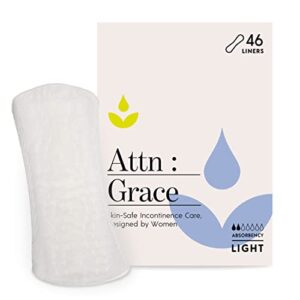 attn: grace panty liners for women - 46 liners – for light urinary incontinence, bladder leakage or postpartum - 100% breathable & plant-based materials active odor control - free from harsh chemicals