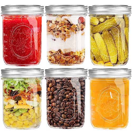 Wide Mouth Mason Jars 16 oz, 6 Pack Glass Mason Canning Jars with Metal Airtight Lids and Bands Containers for Fruit Storage, Overnight Oats, Meal Prep, Pickling, Preserving, Yogurt, Snack, Home Decor