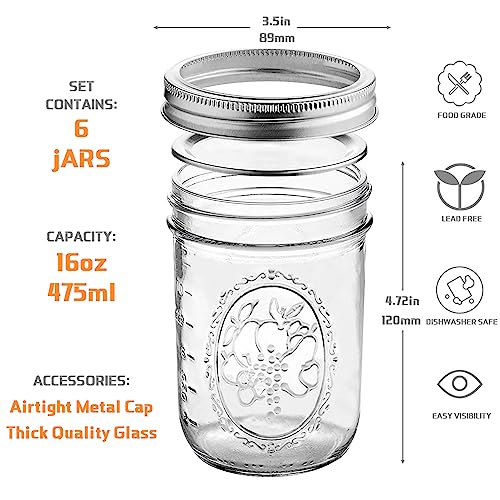 Wide Mouth Mason Jars 16 oz, 6 Pack Glass Mason Canning Jars with Metal Airtight Lids and Bands Containers for Fruit Storage, Overnight Oats, Meal Prep, Pickling, Preserving, Yogurt, Snack, Home Decor