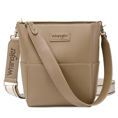 Wrangler Bucket Handbags for Women Crossbody Shoulder Purse with Guitar Strap and Hobo Bag Organizer Insert Tote Oversized Khaki WG67-918KH