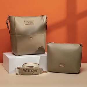 Wrangler Bucket Handbags for Women Crossbody Shoulder Purse with Guitar Strap and Hobo Bag Organizer Insert Tote Oversized Khaki WG67-918KH