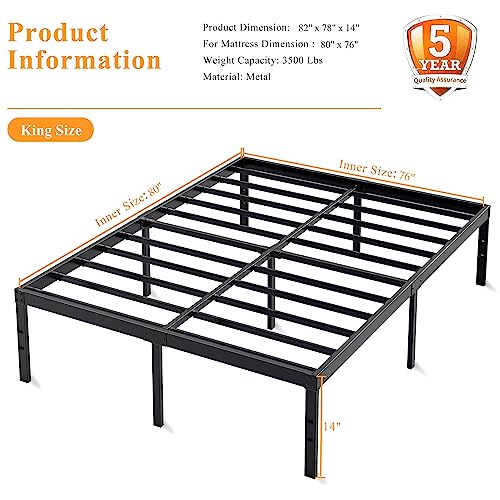HISKIWUU King Size Bed Frame Heavy Duty 3500lbs 14 Inches,Platform Bed Frame King Easy to Assemble Anti-Slip Noise Free,Metal Bed Frame King No Box Spring Needed,Under Bed Storage,Black