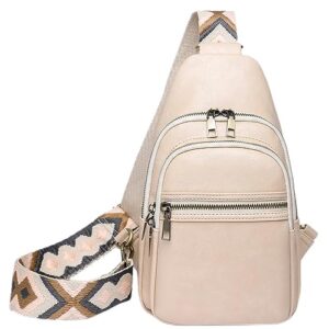 Osunnus Sling Bag for Women Crossbody Purses Trendy PU Leather Small Sling Backpack Chest Bag for Women with Wide Guitar Strap, Beige