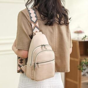 Osunnus Sling Bag for Women Crossbody Purses Trendy PU Leather Small Sling Backpack Chest Bag for Women with Wide Guitar Strap, Beige