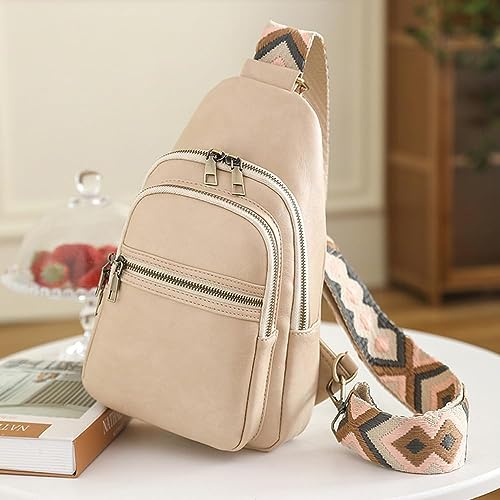 Osunnus Sling Bag for Women Crossbody Purses Trendy PU Leather Small Sling Backpack Chest Bag for Women with Wide Guitar Strap, Beige