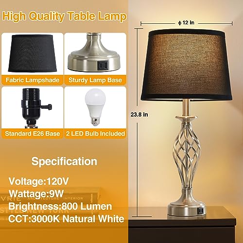 Table Lamp for Bedroom Set of 2 with USB C+A Ports, Brushed Nickel Bedside Lamps with Spiral Cage Base, Fabric Shade, Nightstand Lamp for Living Room Office Reading Bed Side End Table, Bulbs Included