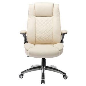 colamy office chair-ergonomic computer desk chair with thick seat for comfort, high back executive chair with padded flip-up arms, stylish leather chair with upgraded caster for swivel (ivory, 300lbs)