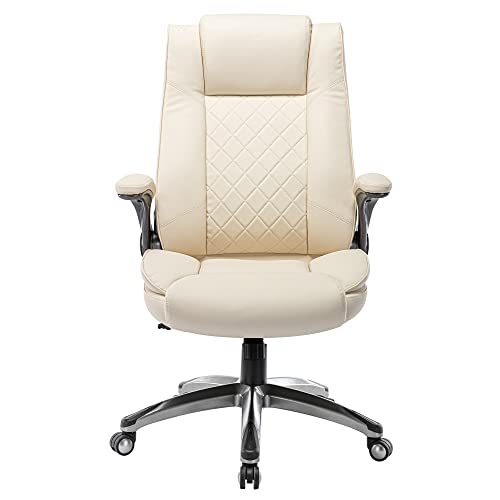 COLAMY Office Chair-Ergonomic Computer Desk Chair with Thick Seat for Comfort, High Back Executive Chair with Padded Flip-up Arms, Stylish Leather Chair with Upgraded Caster for Swivel (Ivory, 300lbs)