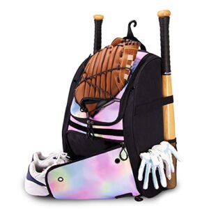 Baseball Bag, Youth Baseball Bag Softball Bat Bag with Vented Shoe Compartment, Baseball Equipment Bag TBall Bat with Fence Hook, for Batting Mitten, Helmet, Teeball Gear Adult Boys Girls Pink