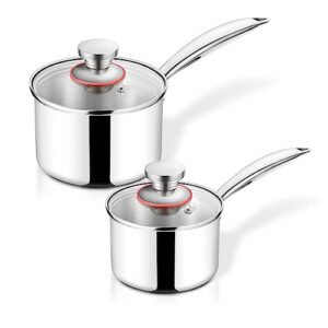 teamfar 1qt & 2 qt saucepan with lid, stainless steel tri-ply small cooking pot milk pasta sauce pan with ergonomic handle, for induction/gas/electric/ceramic, non-toxic & heavy duty, dishwasher safe