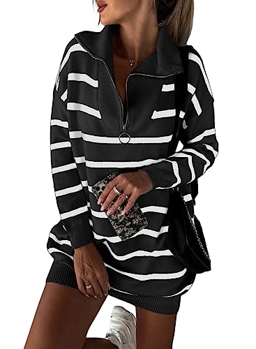 Sidefeel Women's Casual Striped Sweater Dress Fall Winter 2023 Half Zip V Neck Knitted Loose Mini Dress Long Sleeve Pullover Jumper Sweaters Black Large