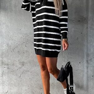 Sidefeel Women's Casual Striped Sweater Dress Fall Winter 2023 Half Zip V Neck Knitted Loose Mini Dress Long Sleeve Pullover Jumper Sweaters Black Large