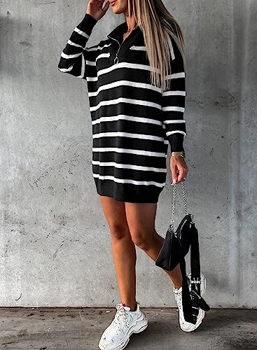Sidefeel Women's Casual Striped Sweater Dress Fall Winter 2023 Half Zip V Neck Knitted Loose Mini Dress Long Sleeve Pullover Jumper Sweaters Black Large