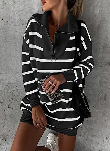 Sidefeel Women's Casual Striped Sweater Dress Fall Winter 2023 Half Zip V Neck Knitted Loose Mini Dress Long Sleeve Pullover Jumper Sweaters Black Large