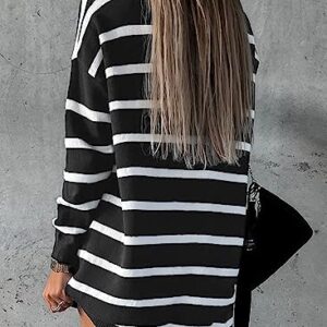 Sidefeel Women's Casual Striped Sweater Dress Fall Winter 2023 Half Zip V Neck Knitted Loose Mini Dress Long Sleeve Pullover Jumper Sweaters Black Large