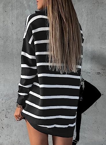 Sidefeel Women's Casual Striped Sweater Dress Fall Winter 2023 Half Zip V Neck Knitted Loose Mini Dress Long Sleeve Pullover Jumper Sweaters Black Large