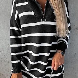 Sidefeel Women's Casual Striped Sweater Dress Fall Winter 2023 Half Zip V Neck Knitted Loose Mini Dress Long Sleeve Pullover Jumper Sweaters Black Large