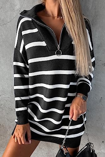 Sidefeel Women's Casual Striped Sweater Dress Fall Winter 2023 Half Zip V Neck Knitted Loose Mini Dress Long Sleeve Pullover Jumper Sweaters Black Large