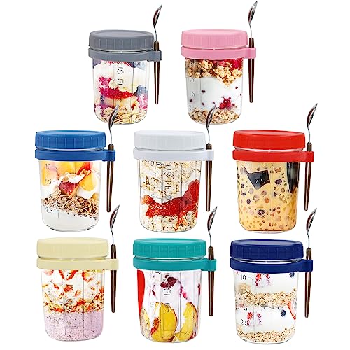 COOKWIN Overnight Oats Containers with Lids and Spoon,8 Pack Overnight oats containers with lids glass,12 oz Wide Mouth Overnight oats jars,Meal Prep Jars with Measurement Scale for Oats Milk Salad