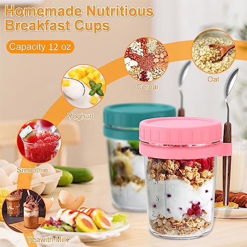 COOKWIN Overnight Oats Containers with Lids and Spoon,8 Pack Overnight oats containers with lids glass,12 oz Wide Mouth Overnight oats jars,Meal Prep Jars with Measurement Scale for Oats Milk Salad