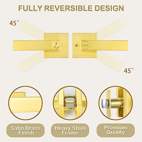 SHINY HANDLES Satin Brass Door Knobs Door Handles Interior with Lock, Privacy Gold Door Knob Door Levers for Bed/Bath (Keyless,1Pack)