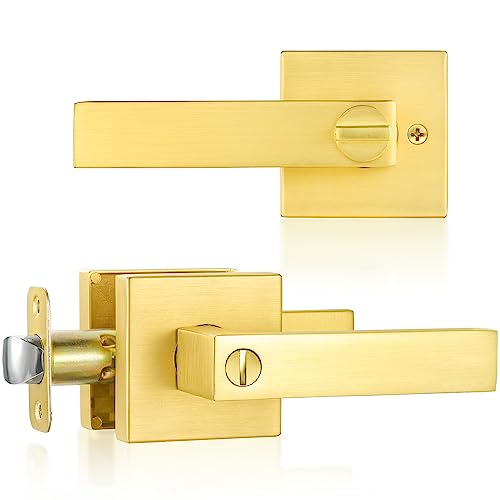 SHINY HANDLES Satin Brass Door Knobs Door Handles Interior with Lock, Privacy Gold Door Knob Door Levers for Bed/Bath (Keyless,1Pack)