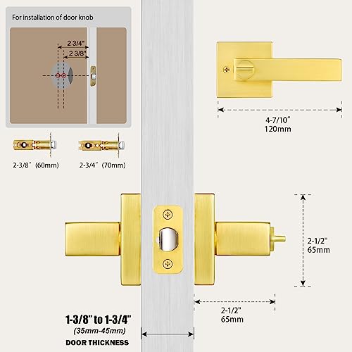 SHINY HANDLES Satin Brass Door Knobs Door Handles Interior with Lock, Privacy Gold Door Knob Door Levers for Bed/Bath (Keyless,1Pack)