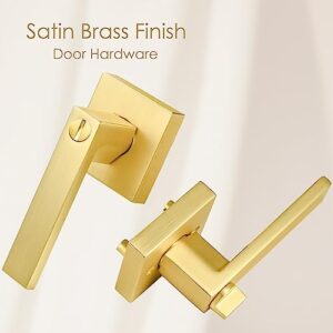 SHINY HANDLES Satin Brass Door Knobs Door Handles Interior with Lock, Privacy Gold Door Knob Door Levers for Bed/Bath (Keyless,1Pack)