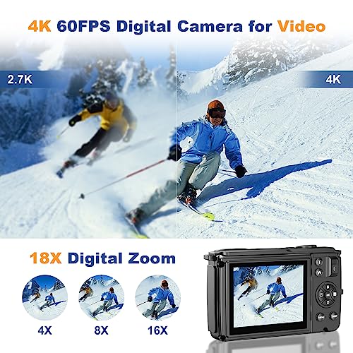 4K 64MP Digital Camera for Photography, Compact Vlogging Camera for YouTube with Auto Focus, Selfie Screens,32GB SD Card,Point&Shoot Camera with WiFi 18X Zoom,Travel Video Camera for Beginners Kids