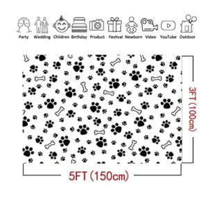 MAQTT Black Puppy Paw Print Backdrop Decoration for Baby Shower White Bone Photo Background Kids Birthday Party Supplies Wall Paper Table Decor Photo Props 5x3ft