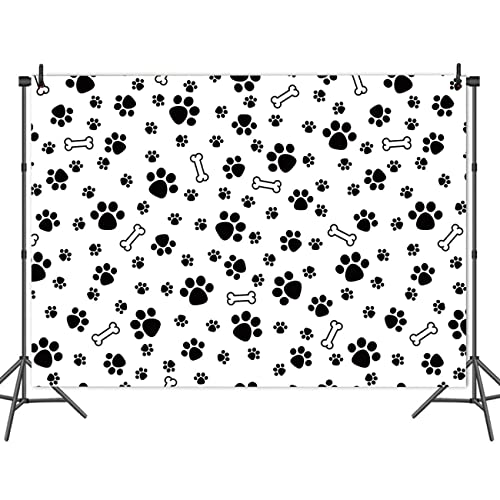 MAQTT Black Puppy Paw Print Backdrop Decoration for Baby Shower White Bone Photo Background Kids Birthday Party Supplies Wall Paper Table Decor Photo Props 5x3ft