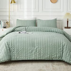 avelom sage green seersucker california king comforter set (104x96 inches), 3 pieces-100% soft washed microfiber lightweight comforter with 2 pillowcases, all season down alternative bedding set