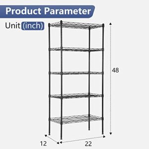 FDW 5 Tier 22L x 12W x 48H Pantry Shelves Adjustable Storage Rack Metal Shelf NSF Shelving Units for Kitchen Garage Small Places Commercial,Black