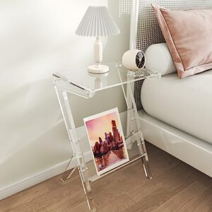 Eglaf Acrylic Side Table - Modern End Table with Magazine Holder - Clear Nightstand Bedside Table for Living Room, Bedroom, Small Space -11.4'' D x 15.4'' W x 23.1'' H, Z-Shaped