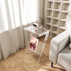 Eglaf Acrylic Side Table - Modern End Table with Magazine Holder - Clear Nightstand Bedside Table for Living Room, Bedroom, Small Space -11.4'' D x 15.4'' W x 23.1'' H, Z-Shaped